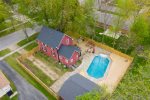Aerial view of Cardinal Croft showing pool, hot tub and deck